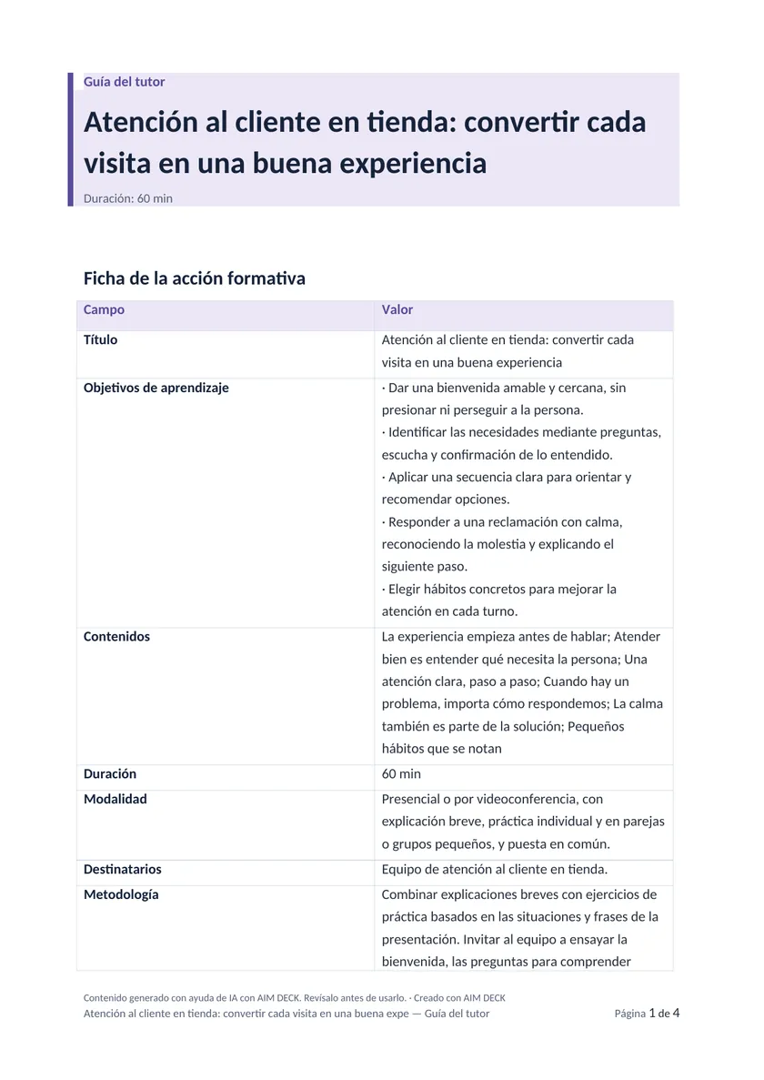 Primera página de la guía del tutor: la ficha de la acción formativa con objetivos, contenidos y duración.