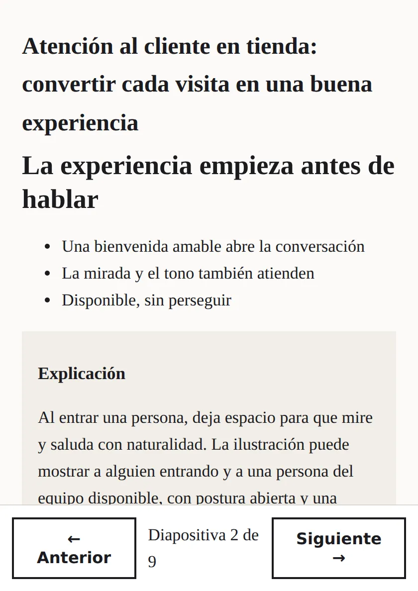 El curso en una plataforma, visto en una tableta: una diapositiva con su explicación y los botones para avanzar.